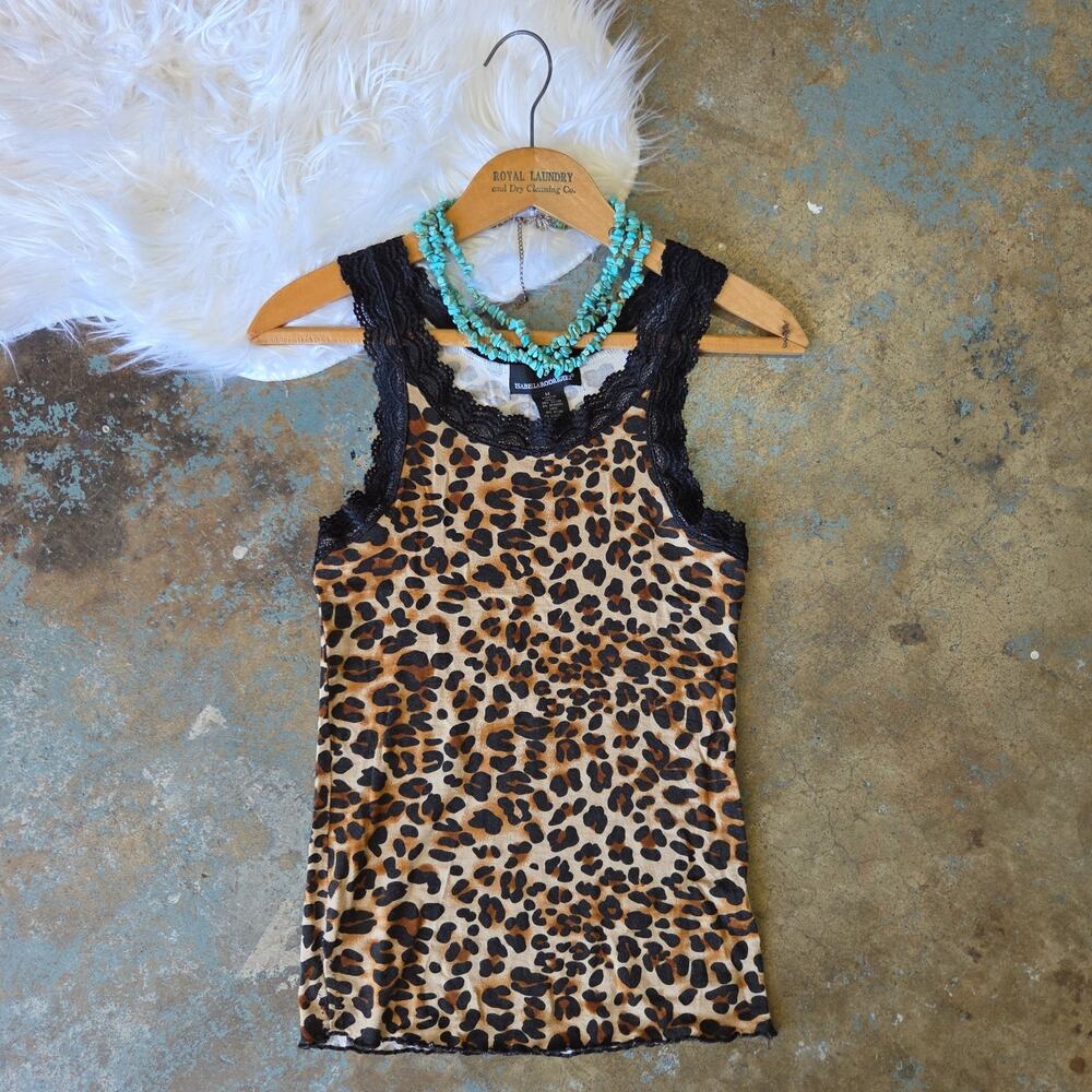 Vintage Y2K Leopard Print Tank Top Camisole Size S M Black Lace Trashy Goth